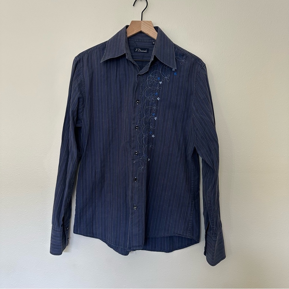 7 DIAMONDS Men Medium Western Chic Maximalist Embroidered Stripe Button Up Shirt